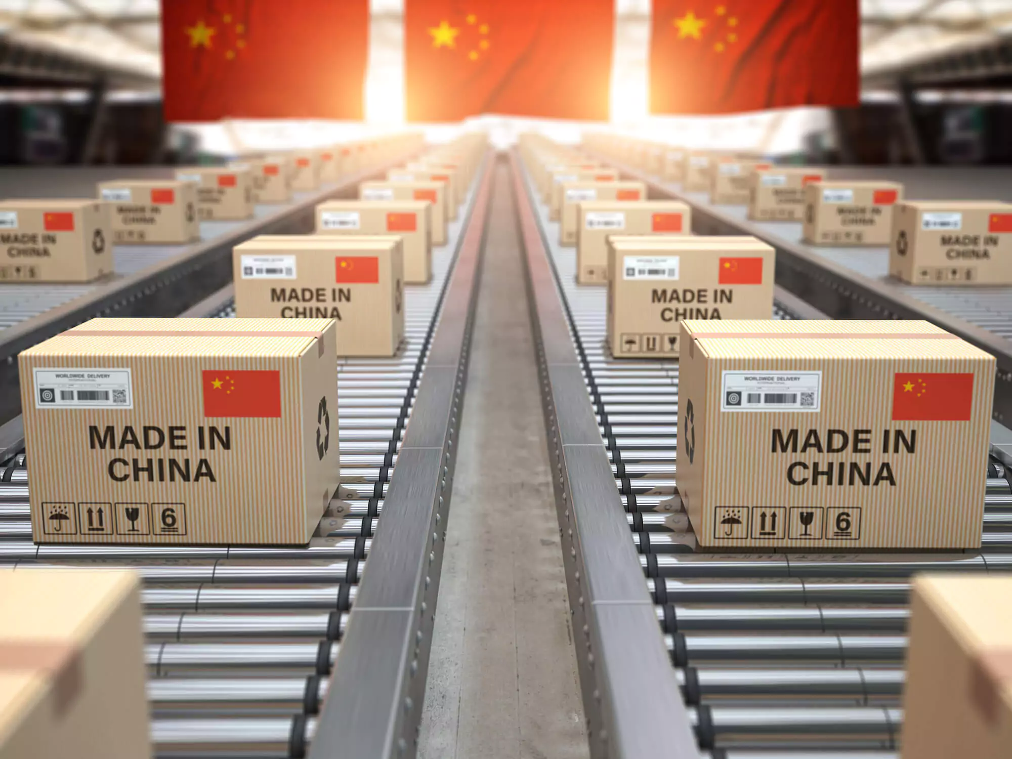 Ready-to-ship boxes on a conveyer belt.